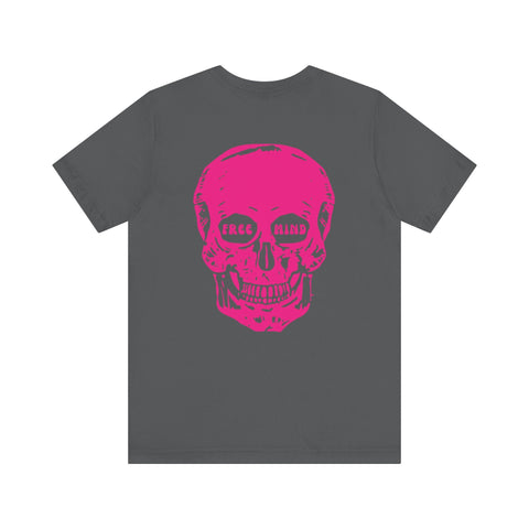 Gray tee with vibrant pink jumbo skull back print and "Free Mind" text for statement streetwear