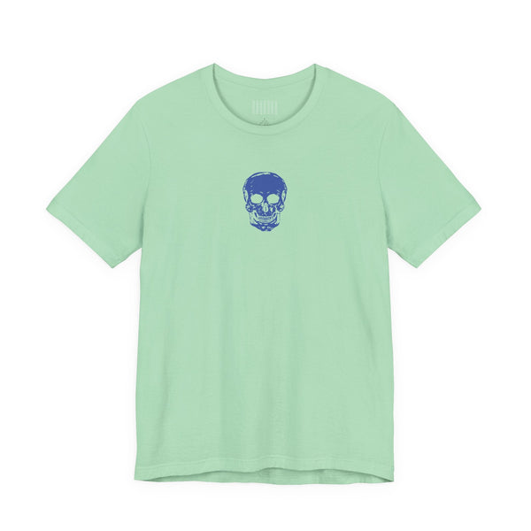 Light green graphic t shirt with small blue skull design centered below collar