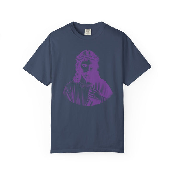 purple jumbo Jesus graphic tee in navy blue, christian clothing, soft cotton, vintage sacred heart design