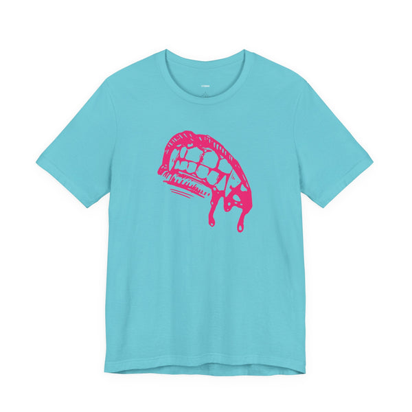 Pink vampire fang graphic tee with dripping bite design on lightweight cotton vampire t shirt