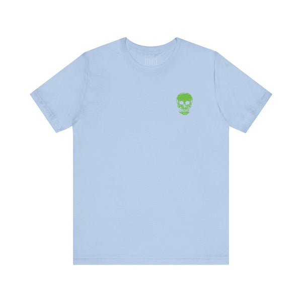 Light blue tee with neon green mini skull front print, music festival fashion