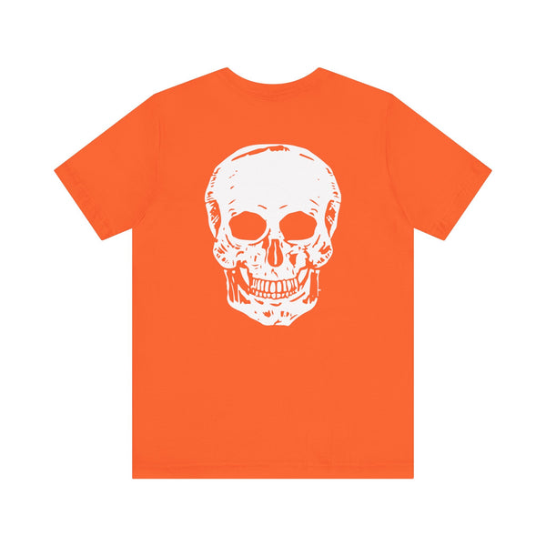 orange graphic tee with large white skull back print and small white skull front logo