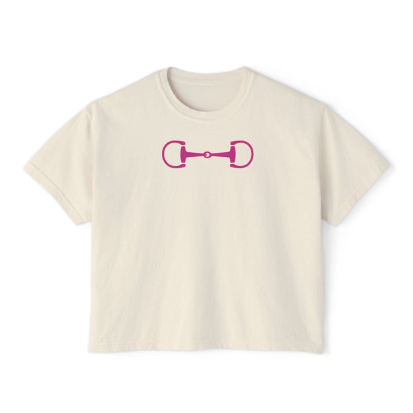 Boxy fit off-white t shirt with hot pink horsebit equestrian graphic made from soft cotton