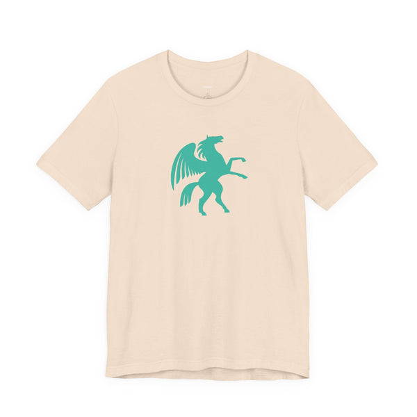 Beige unisex t-shirt with turquoise Pegasus graphic, cool graphic t shirts design