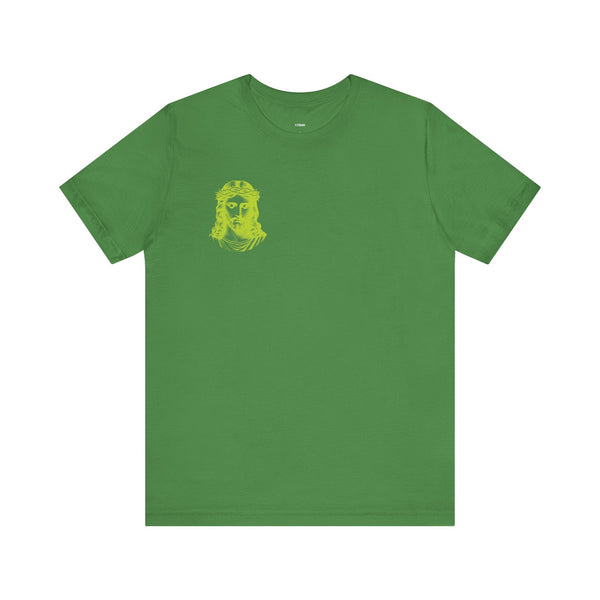 Lime green t-shirt with mini Jesus graphic on front left chest, made from premium cotton, streetwear style faith apparel.