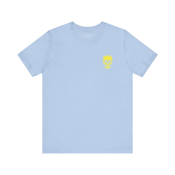 Light blue t-shirt with small yellow skull chest print and large yellow skull graphic on back, underground style streetwear.