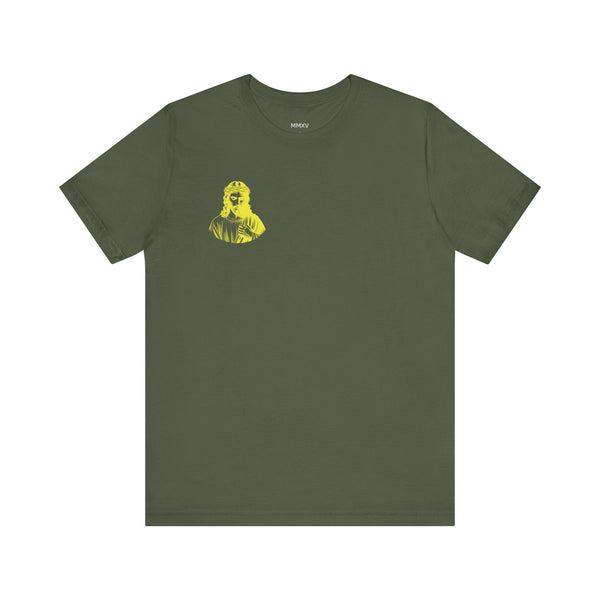 Olive green Christian streetwear t-shirt with a small yellow Jesus print on the front left chest.