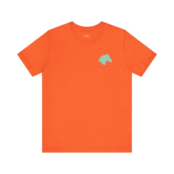 Orange unisex t-shirt with aqua horse head graphic on front, made of soft cotton, casual style