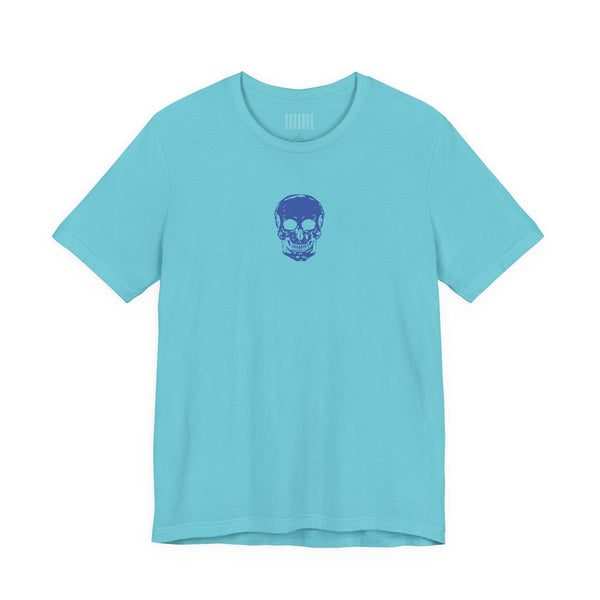 blue graphic t shirt with mini skull design on front by Sandra Oles