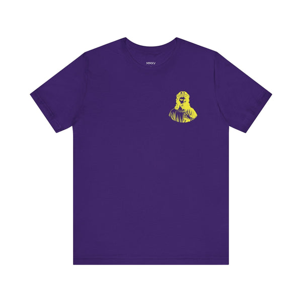 Purple Christian streetwear tee with mini yellow Jesus graphic on front left chest