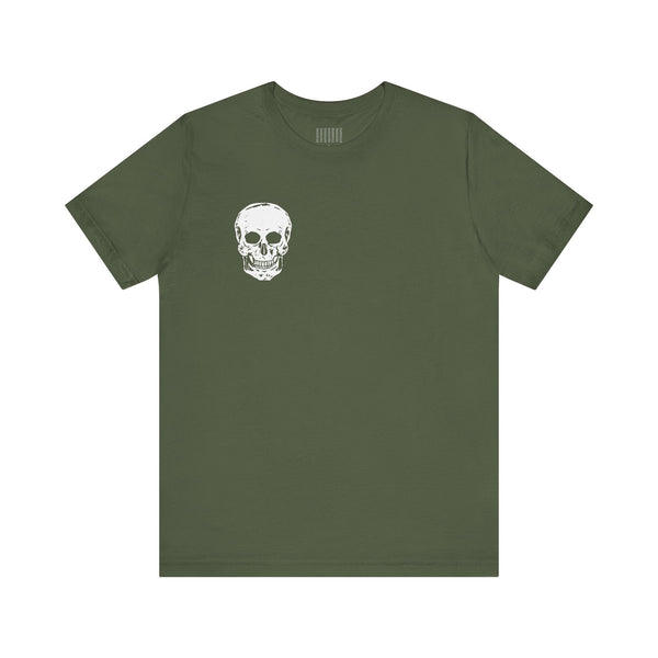 Olive green skull graphic tee with small white skull print on front left chest