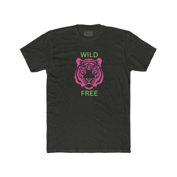 Black crew neck tee with neon pink tiger graphic and lime green "WILD FREE" text, unisex cotton shirt, wild and free design