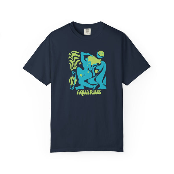 Navy Aquarius zodiac graphic tee with vibrant aqua and green celestial water-bearer design