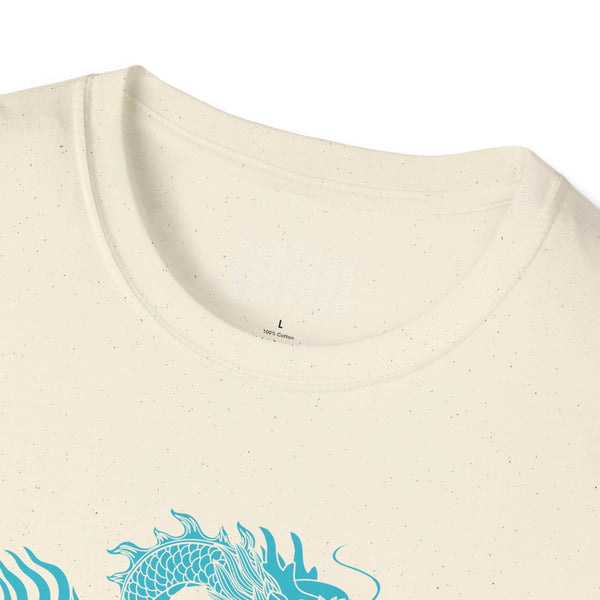 White unisex softstyle t-shirt with electric frost blue turquoise dragon graphic design