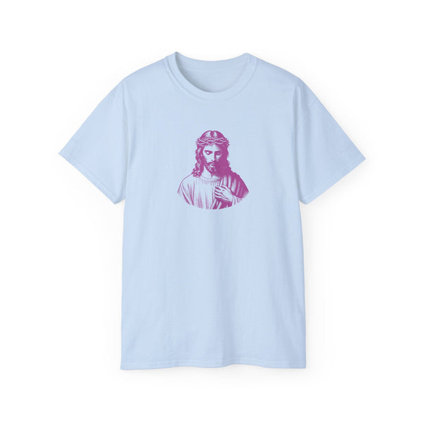Light blue Jesus T-shirt with magenta graphic of Jesus on front, casual unisex fit.