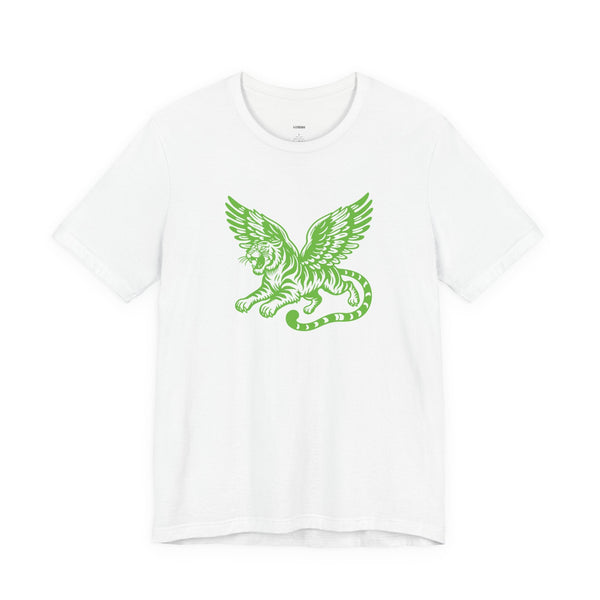White unisex tee with neon green winged tiger graphic front print