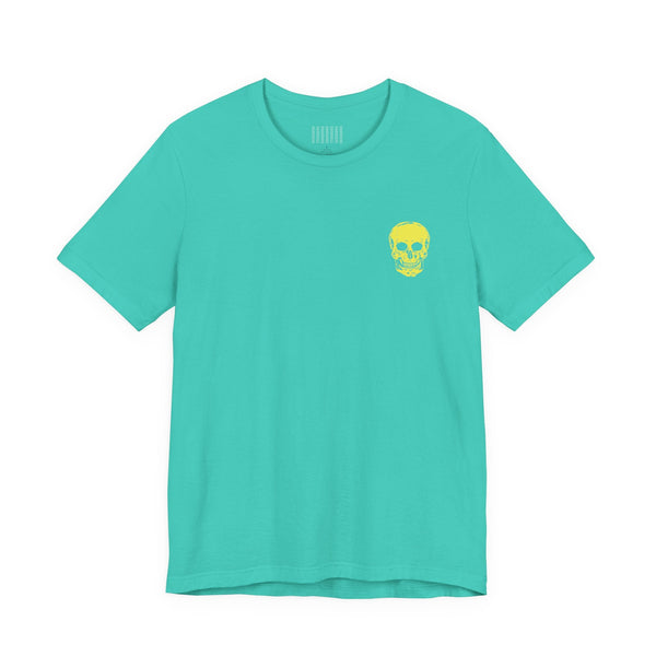 Underground style turquoise tee with mini yellow skull chest print and oversized back graphic