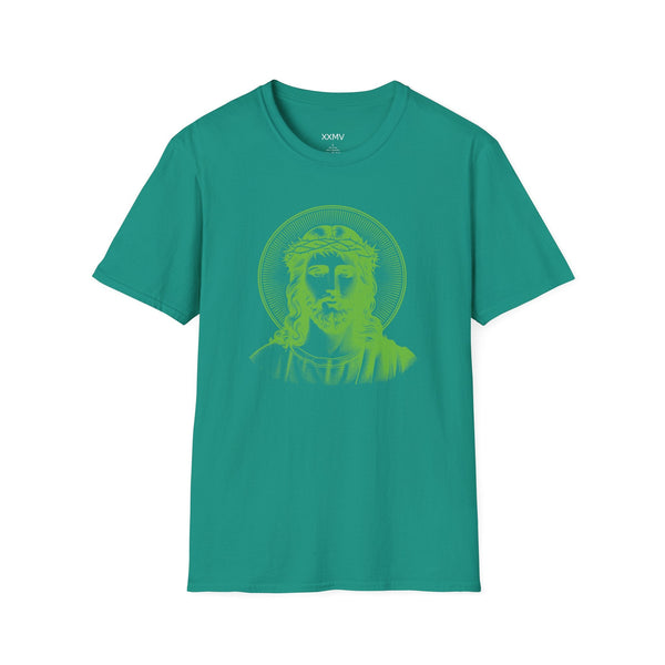Green spiritual shirt with jumbo halo Jesus front print, unisex softstyle tee by Sandra Oles