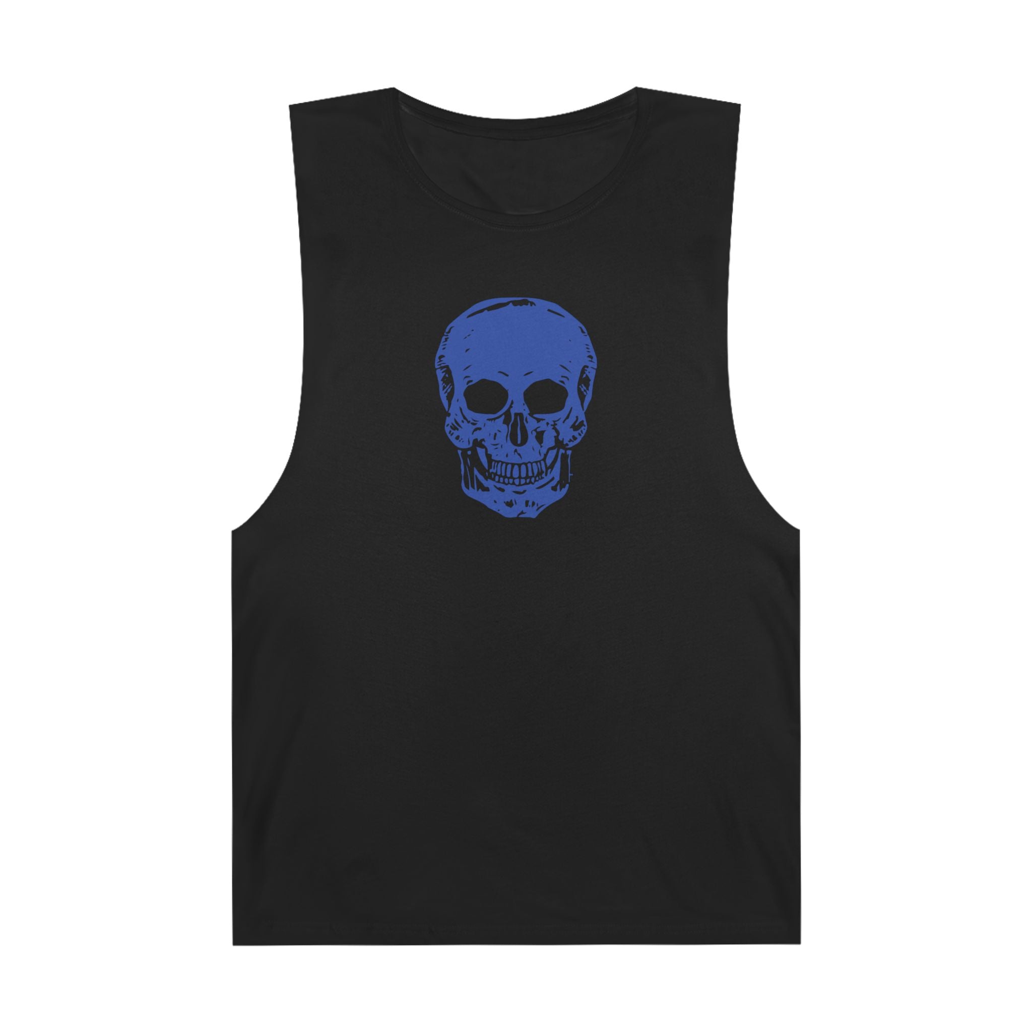 Black muscle tank top featuring a vivid neon blue skull graphic from the Skull Series by Sandra Oles.