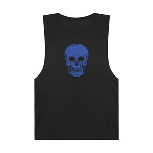 Black muscle tank top featuring a vivid neon blue skull graphic from the Skull Series by Sandra Oles.