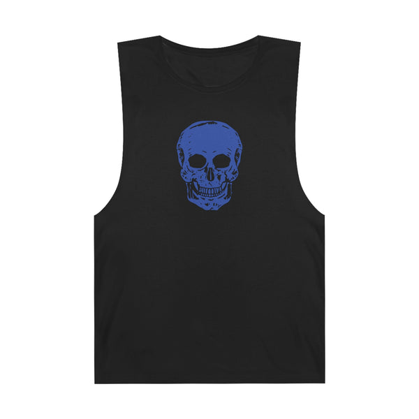 Black muscle tank top featuring a vivid neon blue skull graphic from the Skull Series by Sandra Oles.