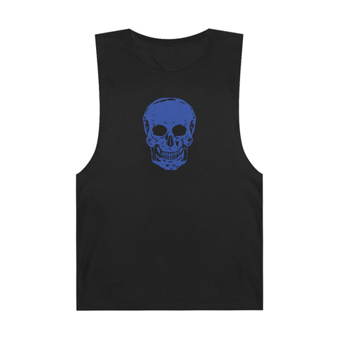 Black muscle tank top featuring a vivid neon blue skull graphic from the Skull Series by Sandra Oles.
