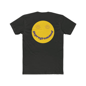 Black crew neck tee with 1990's rave style yellow retro smiley face and "Deprogrammed" text on back
