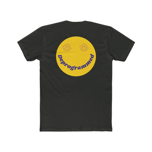 Black crew neck tee with 1990's rave style yellow retro smiley face and "Deprogrammed" text on back