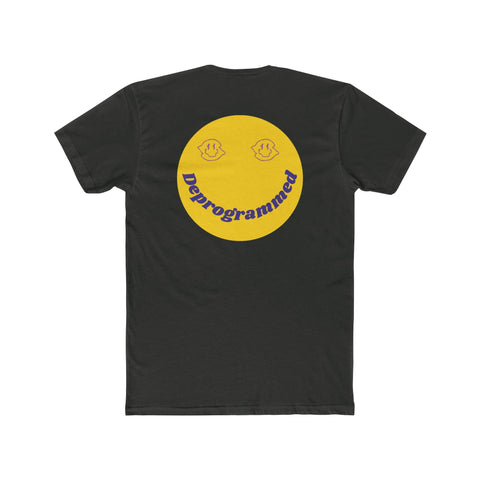 Black crew neck tee with 1990's rave style yellow retro smiley face and "Deprogrammed" text on back