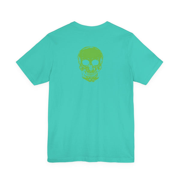 Turquoise designer skull t-shirt with bold green skull graphic on the back, short sleeves, premium cotton streetwear tee