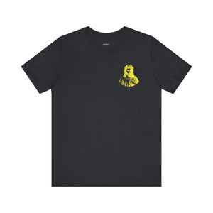 Black unisex tee with yellow Jesus in crown of thorns graphic on front left chest Jesus t shirt