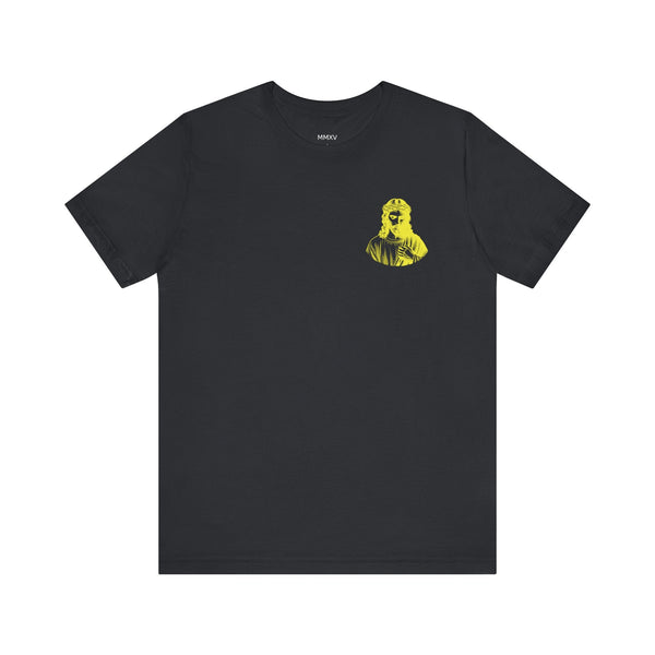 Black unisex tee with yellow Jesus in crown of thorns graphic on front left chest Jesus t shirt