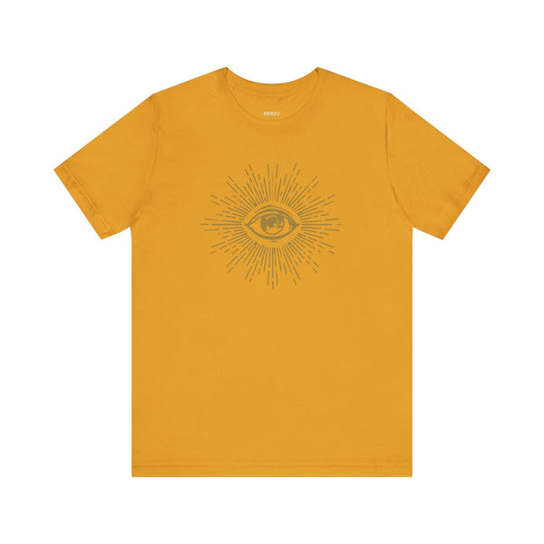 Mustard yellow third eye graphic tee shirt with gold spiritual frequency design and radiant rays on front