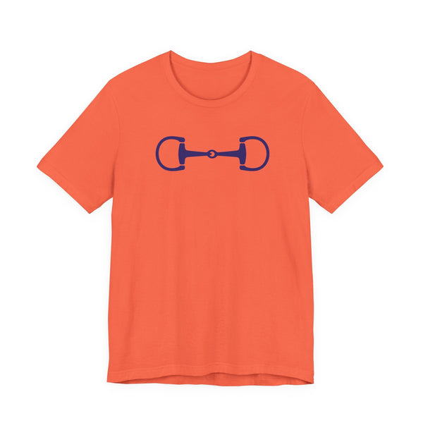 Orange stylish equestrian graphic tee with navy blue horse bit design on front, made from soft cotton with ribbed collar and side seams.