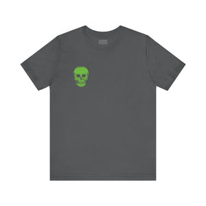 Green Jumbo Skull Back Print with Green Mini Skull Left Front Graphic Tee - Fugitive by Sandra Oles