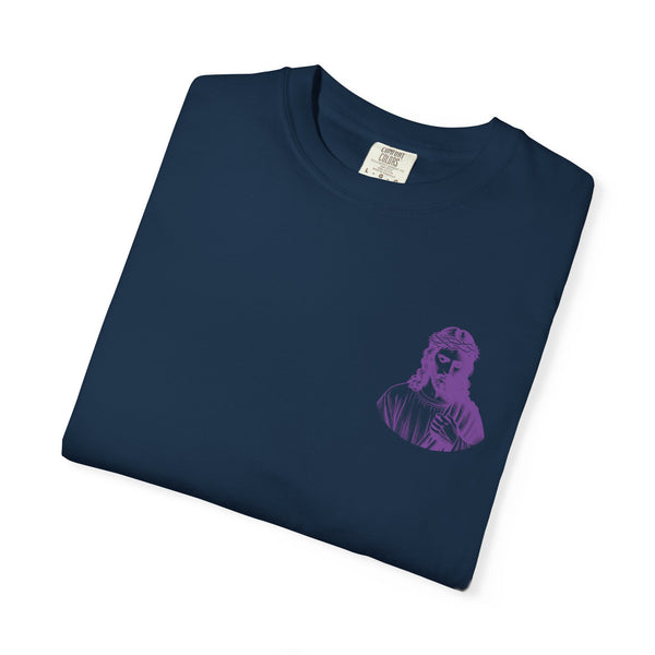 Purple Jumbo Jesus Back Print Tee with Purple Mini Jesus Front Left Graphic Tee - Iconic by Sandra Oles