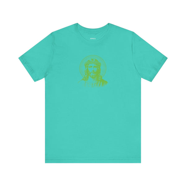Green Mid-Scale Jesus with Halo Front Print Graphic Tee - Iconic by Sandra Oles
