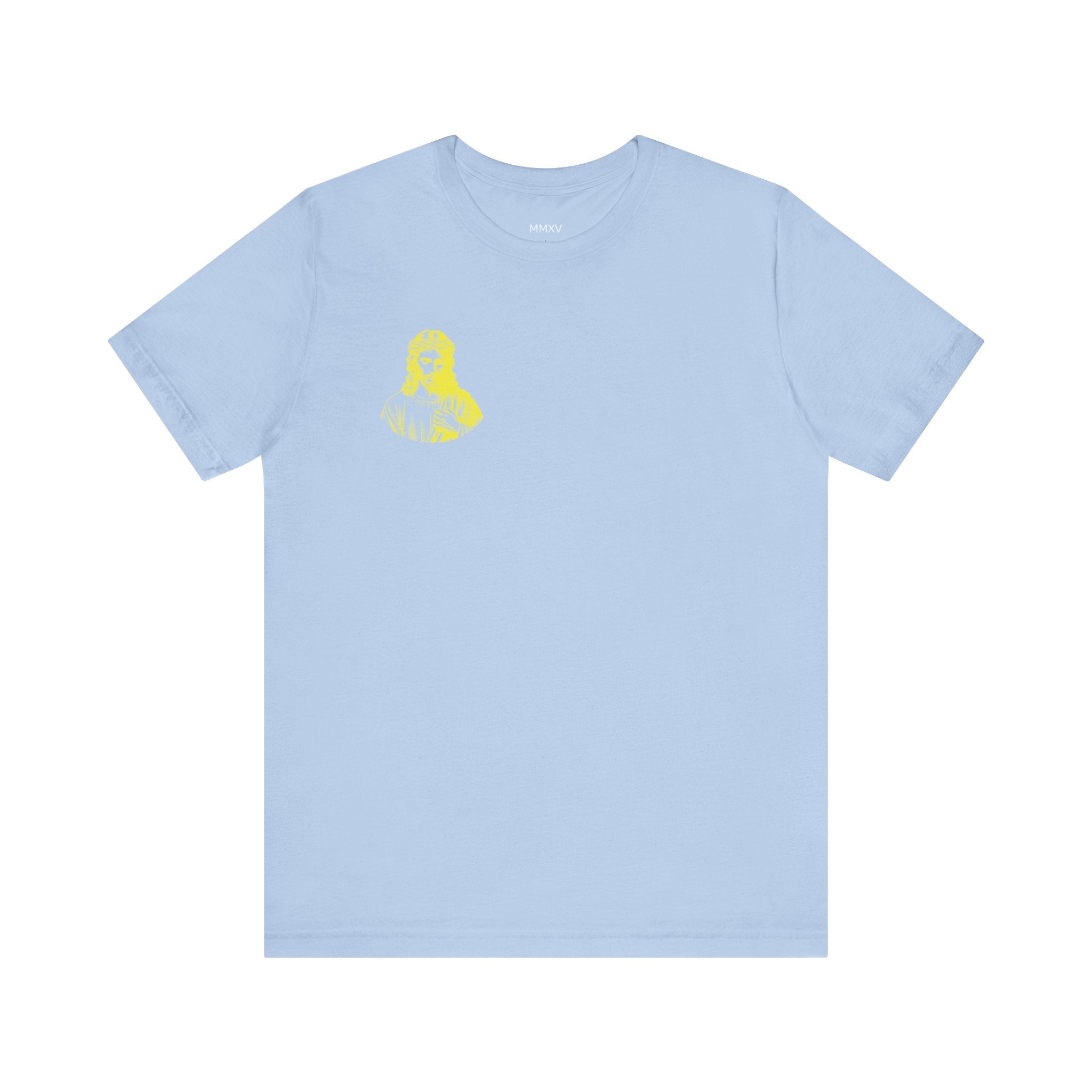 Light blue Christian streetwear t-shirt with a small yellow Jesus print on the front left chest.