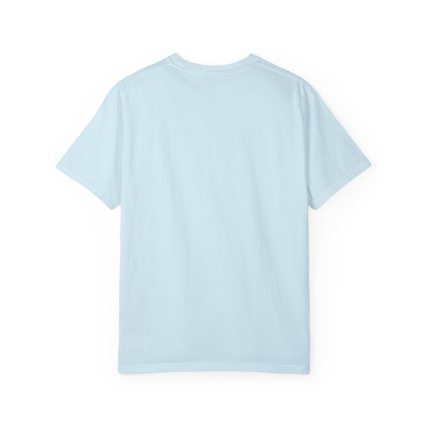 Back view of a light blue unisex garment-dyed religious graphic tee with durable stitching and soft 100% US cotton fabric.