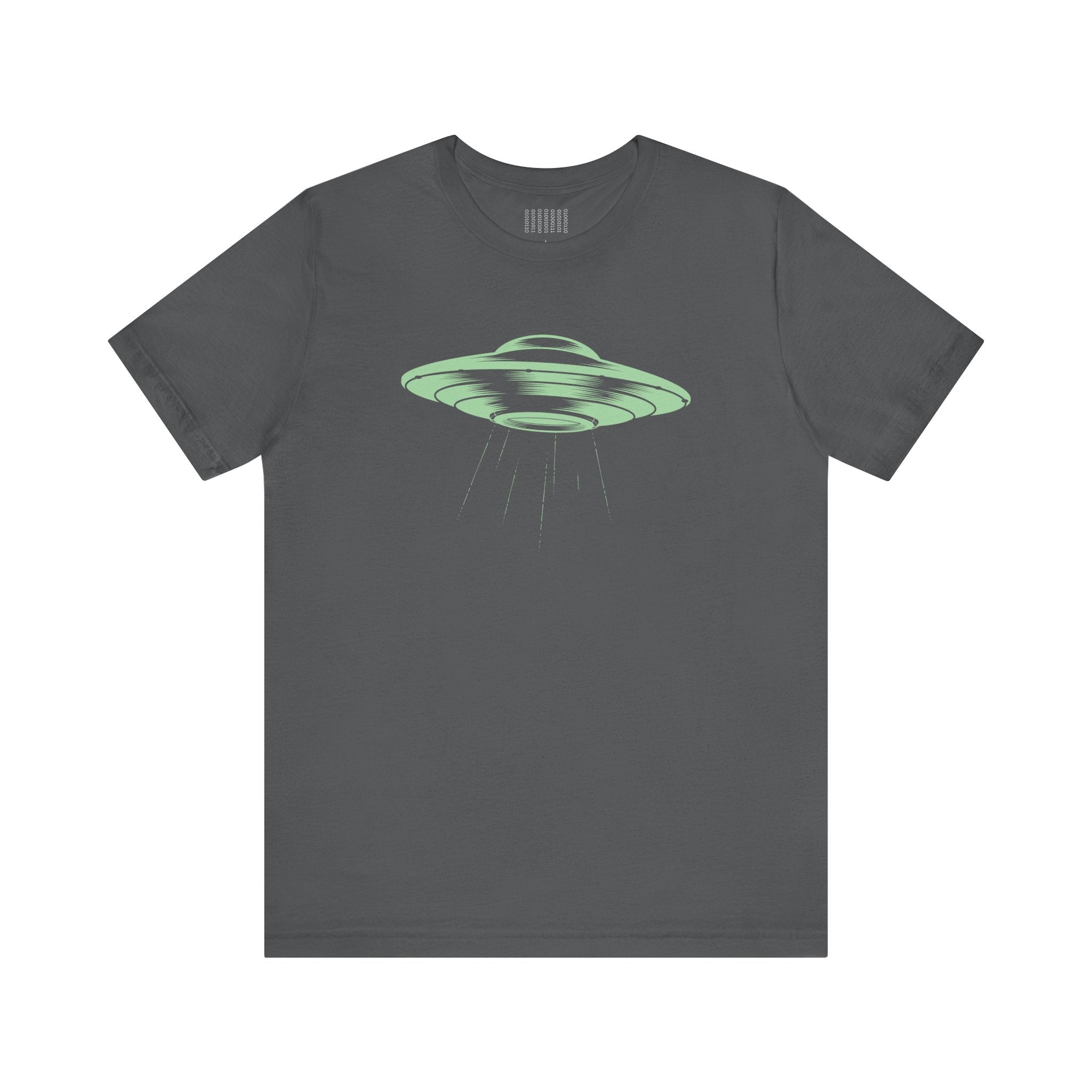 Gray unisex short sleeve tee with celadon green vintage comic style space ship graphic and beam design.