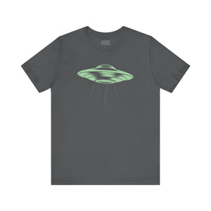 Gray unisex short sleeve tee with celadon green vintage comic style space ship graphic and beam design.