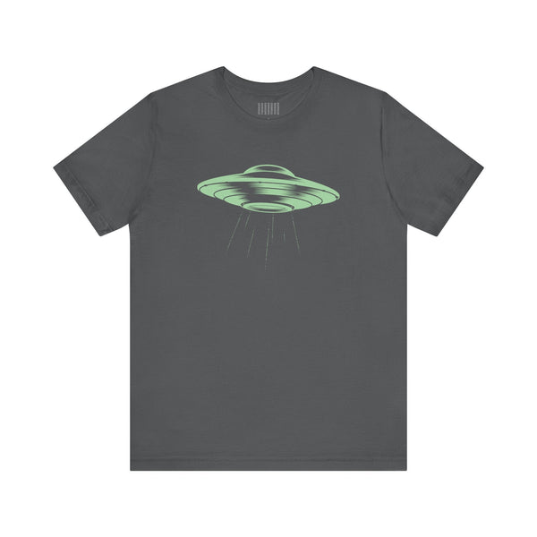 Gray unisex short sleeve tee with celadon green vintage comic style space ship graphic and beam design.