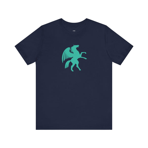 Navy blue cool graphic t shirt with a bold turquoise Pegasus graphic from the Mythical Series, made of premium breathable cotton, unisex fit.