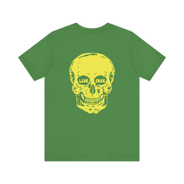 Green indie style t-shirt with jumbo yellow skull back print featuring "LIVE FREE" lettering in the eyes.