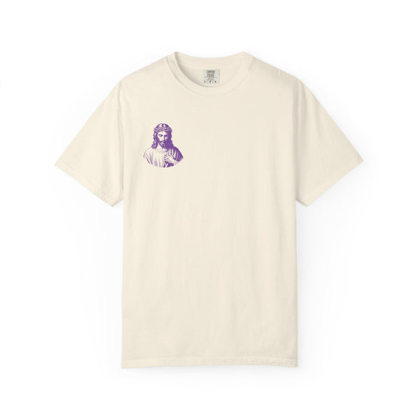 Purple mini Jesus front left graphic on soft yellow crewneck t-shirt