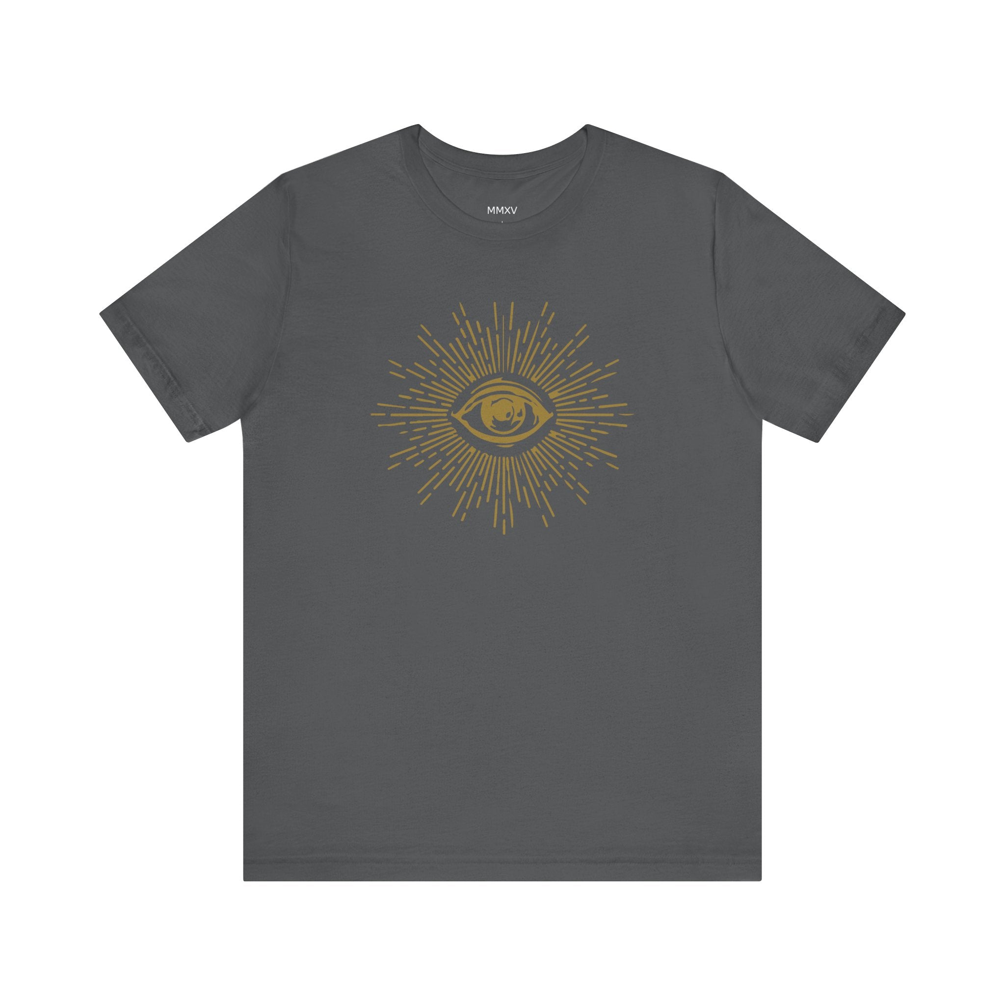 Dark gray third eye graphic tee shirt with radiant gold spiritual design on front, unisex cotton blend for comfortable casual wear.