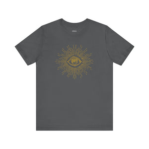 Dark gray third eye graphic tee shirt with radiant gold spiritual design on front, unisex cotton blend for comfortable casual wear.