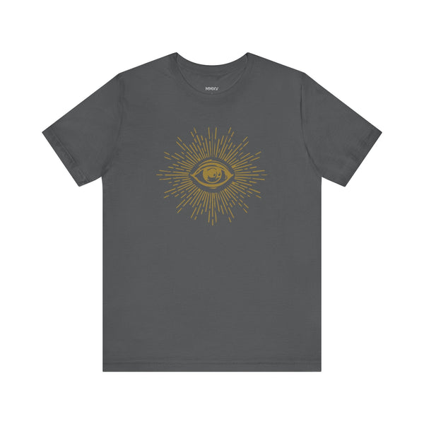 Dark gray third eye graphic tee shirt with radiant gold spiritual design on front, unisex cotton blend for comfortable casual wear.