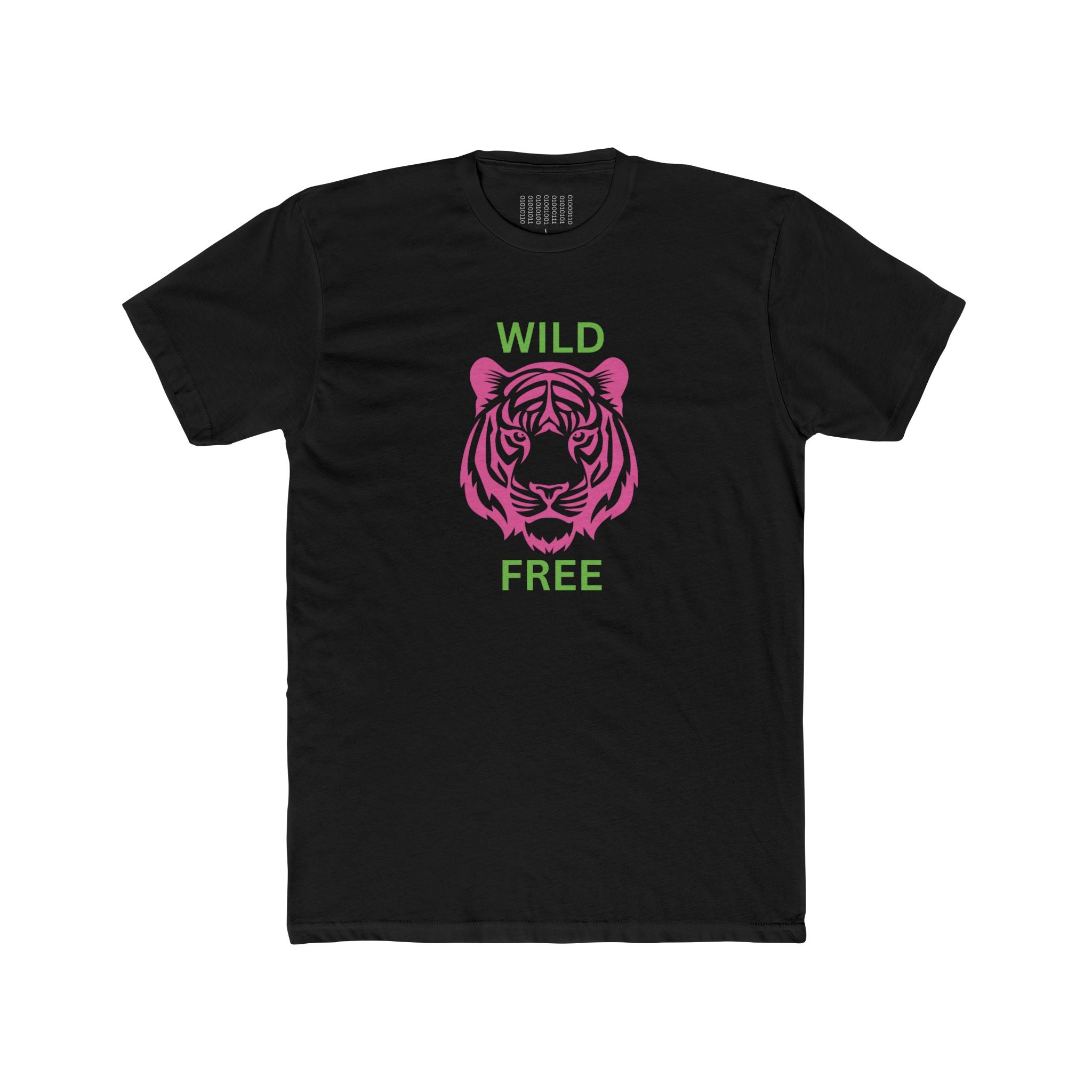 Black cotton tee with neon pink tiger graphic and green "WILD FREE" text, unisex crew neck shirt.