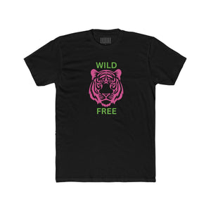 Black cotton tee with neon pink tiger graphic and green "WILD FREE" text, unisex crew neck shirt.